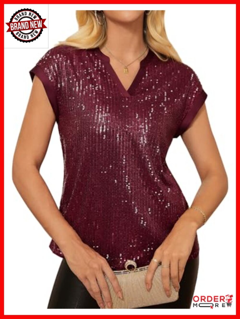 Sequin Sparkly Blouse V Neck Cap Sleeve Dressy Party Top